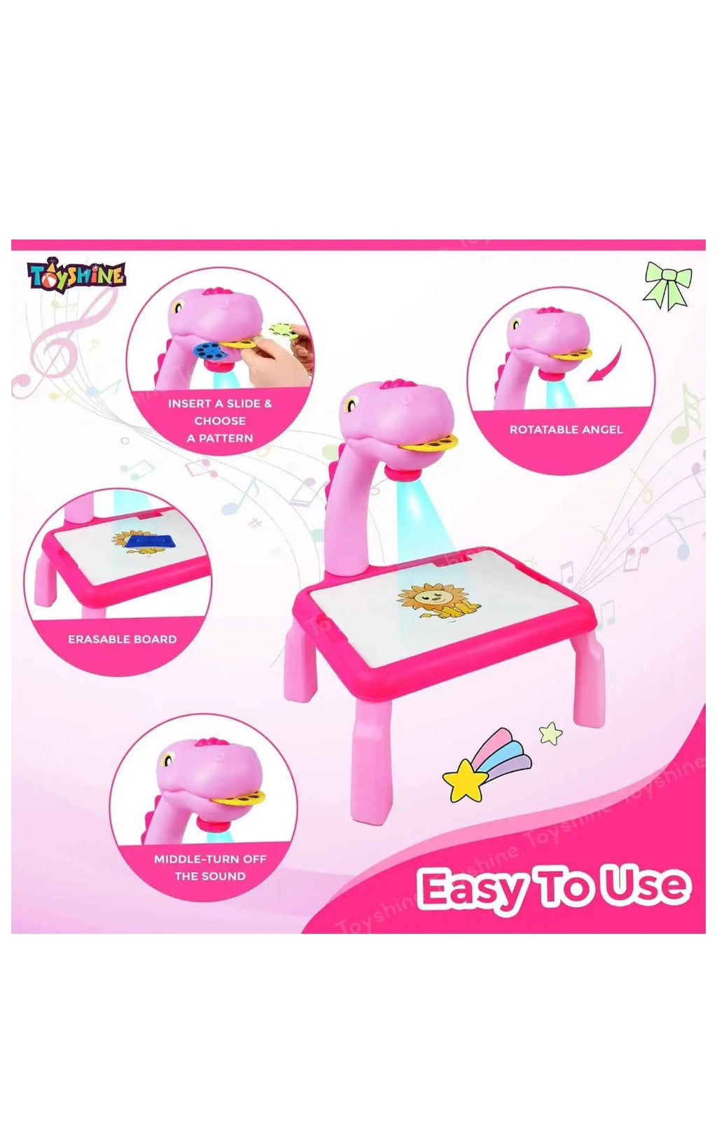 Toyshine Dino Theme Smart Projection Drawing Board With Music Include Art Supplies(Pink)