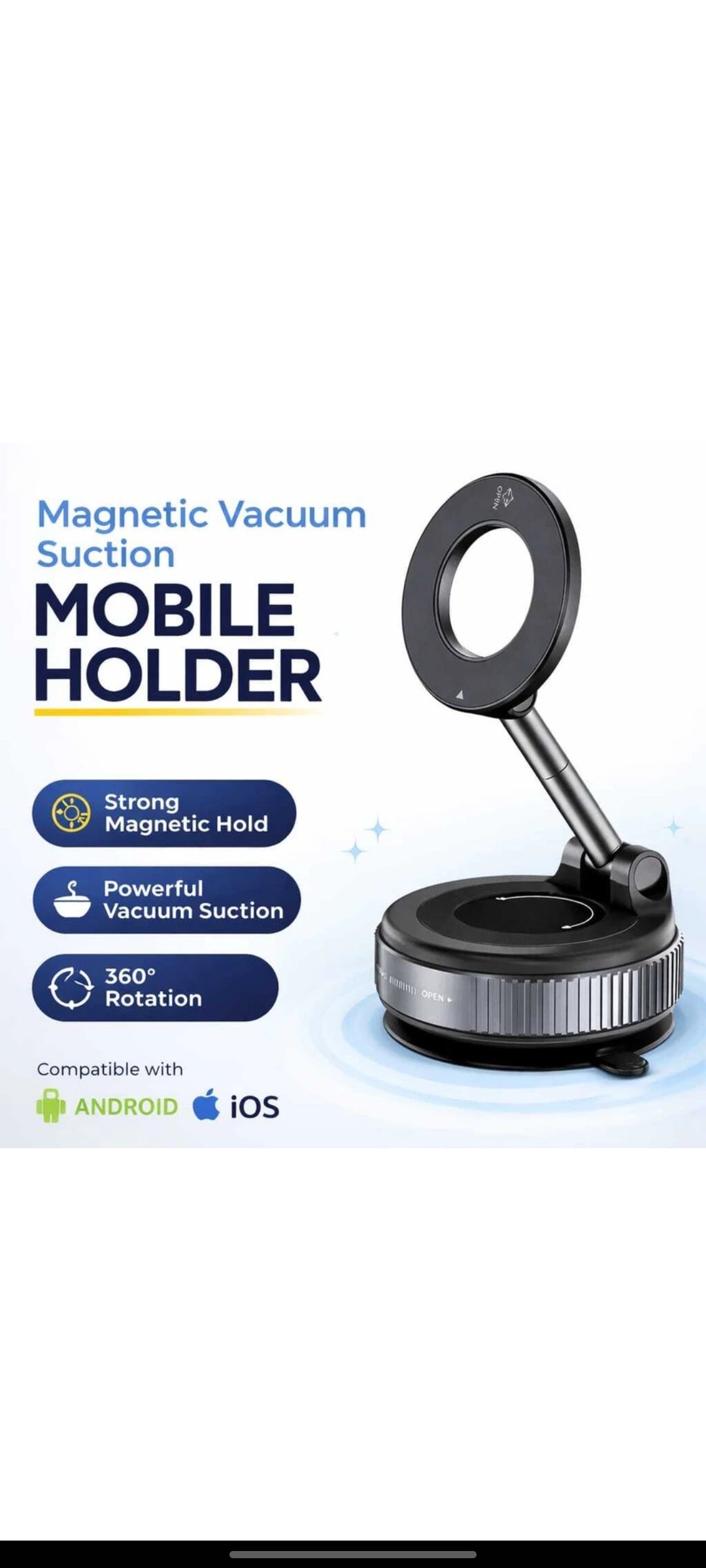 Vacuum Ultra Suction Magnetic Phone Holder for Car, Foldable Mobile Holder with Easy Secure Grip Compatible with Mag Saf Car Mount, Windshield, Dashboard, Mirror (with Arm