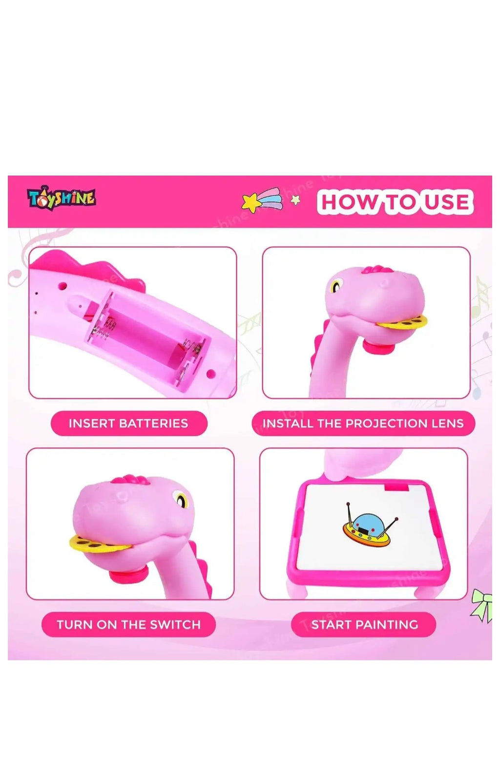 Toyshine Dino Theme Smart Projection Drawing Board With Music Include Art Supplies(Pink)